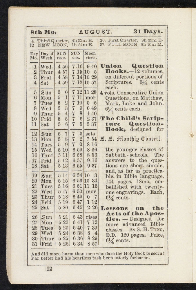 Scan 0012 of The Sunday-school pocket almanac for the year of Our Lord 1855